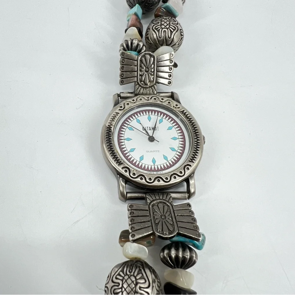 VTG 90s‎ Gitano Vintage Southwest Boho Stainless Bracelet Watch Silver Turquoise